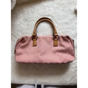 Gucci Pink GG Monogram Canvas Leather Trim Satchel Hand Bag Size OS